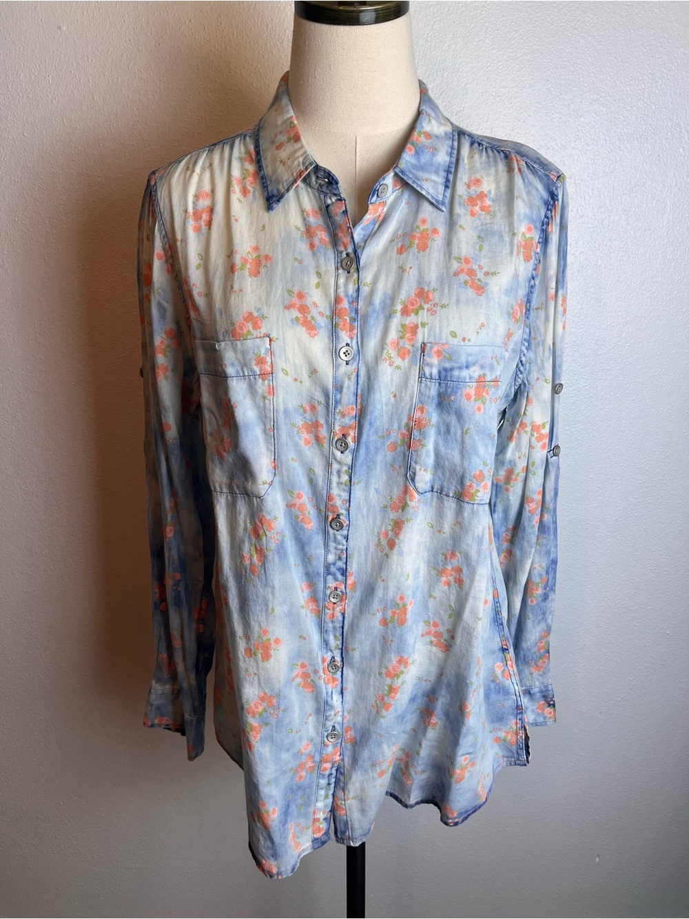 Overland Floral Light Blue Button-Up Shirt 100% Cotton